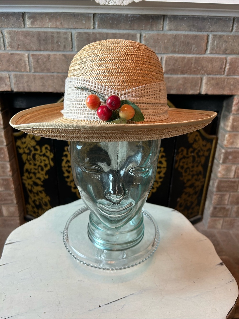 Vintage HARPER BROTHERS Tan Natural Woven Straw Sun Hat Cream Band Cherry Accent